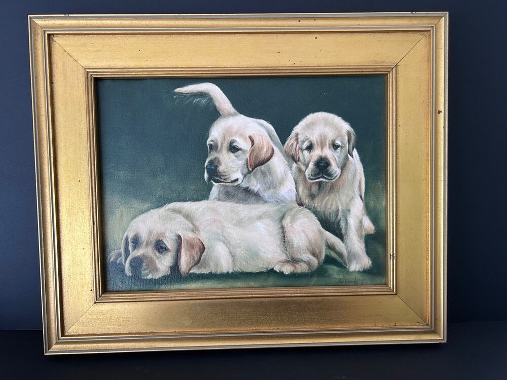 “Three Lab Puppies”. Original Acrylic Painting on Board. Signed. Norman 16x13